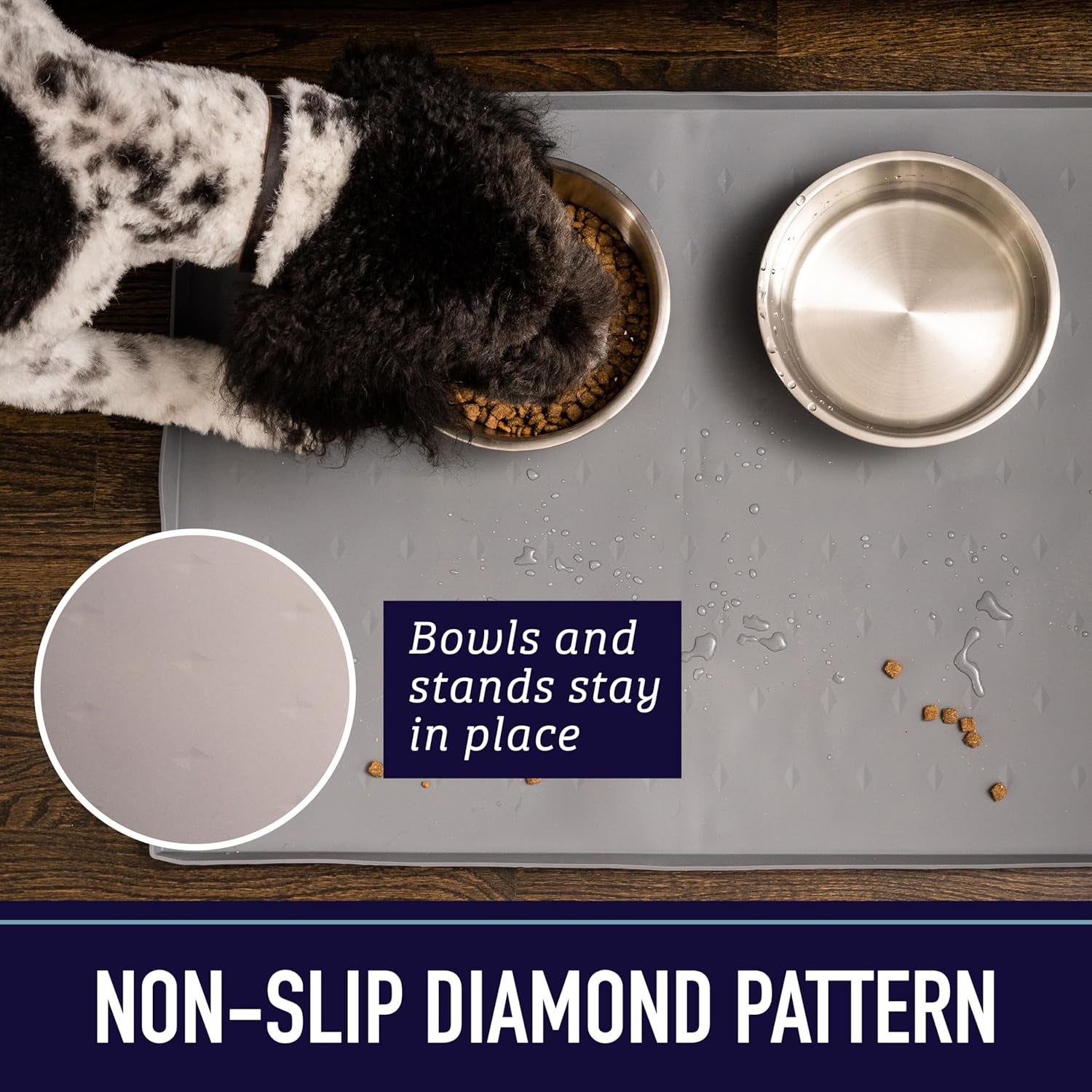 Silicone Dog Bowl Mat - XL 25" X 17", Gray - Tall Lip Waterproof & Non-Slip Floor Mat for Pet Food & Water Bowls