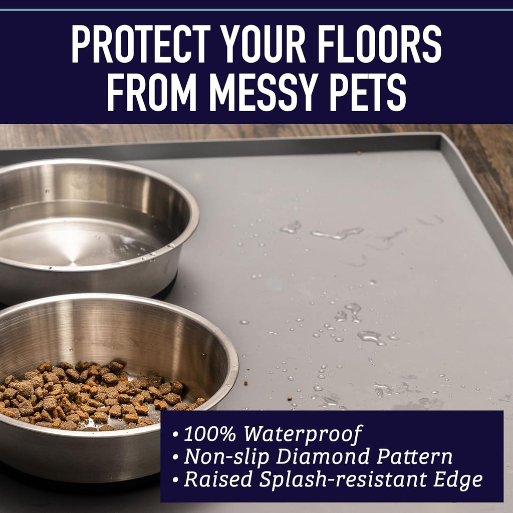 Silicone Dog Bowl Mat - XL 25" X 17", Gray - Tall Lip Waterproof & Non-Slip Floor Mat for Pet Food & Water Bowls