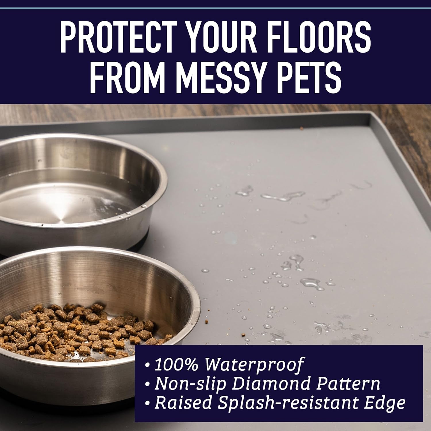 Silicone Dog Bowl Mat - XL 25" X 17", Gray - Tall Lip Waterproof & Non-Slip Floor Mat for Pet Food & Water Bowls
